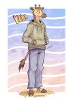  absurd_res anthro brown_body brown_fur clothed clothing digital_media_(artwork) facial_piercing full-length_portrait fur giraffe giraffid green_clothing hair hi_res hoodie horn male mammal markings nose_piercing nose_ring ossicone owo piercing portrait relaxing ring_piercing savanna signature simple_background smile solo spots spotted_body spotted_fur standing sulky326 tail text topwear yako_the_giraffe yellow_body 