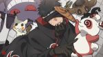  1boy @_@ akatsuki_uniform bandaged_head bandages black_gloves black_hair black_pants black_robe blindfold creature gengar gloves jewelry male_focus mask mask_on_head mimikyu naruto_(series) naruto_shippuuden open-toe_shoes open_mouth pants phantump pokemon pokemon_(creature) red_eyes ring robe short_hair smile spinda thumb_ring tobi_(naruto) uchiha_obito x_xayaka 