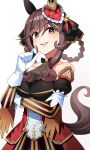  1girl absurdres animal_ears bare_shoulders blush braid braided_hair_rings breasts brown_hair cleavage collarbone commentary_request corset detached_sleeves dress ear_covers ear_ornament gentildonna_(regina_dei_fiori)_(umamusume) gentildonna_(umamusume) gloves hair_between_eyes hair_ornament hair_rings heart-shaped_ornament heart_ear_ornament highres horse_ears horse_girl horse_tail large_breasts long_hair looking_at_viewer open_mouth red_corset red_eyes see-through_cleavage see-through_clothes simple_background smile solo tail tawashi_hechima teeth umamusume upper_teeth_only white_background white_gloves 