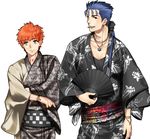  bad_id bad_pixiv_id blue_hair cigarette earrings emiya_shirou fan fate/stay_night fate_(series) folding_fan japanese_clothes jewelry kimono lancer long_hair mitsuki_mitsuno multiple_boys orange_hair ponytail red_eyes yellow_eyes 