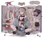  1girl 3boys apple artist_name atelier_(series) atelier_marie blonde_hair blue_eyes book book_stack bottle bracelet breasts broom brown_hair cauldron cleavage closed_mouth commentary_request crop_top crossed_legs dragon erlenmeyer_flask fairy_(atelier) flask food fruit full_body hair_ornament hairband holding holding_book holding_bottle jewelry long_hair looking_at_object low-tied_long_hair marlone medium_breasts midriff mini_person miniboy multiple_boys nut_(food) official_art ohse_kohime open_book open_mouth ponytail puni_(atelier) robe simple_background sitting slime_(creature) smile tongue tongue_out white_background wide_sleeves 