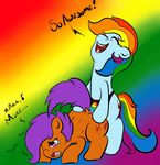  anal blue_fur cub dildo duo english_text equine female feral friendship_is_magic fur hair horse lesbian mammal multi-colored_hair my_little_pony penetration plain_background pony purple_hair rainbow_background rainbow_dash_(mlp) rainbow_hair scootaloo_(mlp) sex sex_toy strapon tears text young 