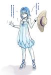  alternate_costume blue_eyes blue_hair chinese dress genderswap genderswap_(mtf) hat high_heels highres jewelry league_of_legends nam_(valckiry) pale_skin pendant personification sandals short_hair simple_background solo sun_hat sundress translated white_background white_dress wristband xerath 