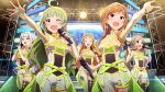  5girls :d ;d arm_up blonde_hair blue_eyes breasts brown_hair card_commentary cleavage commentary_request concert earrings fingerless_gloves game_asset gloves green_hair handa_roco holding holding_microphone idol idolmaster idolmaster_(classic) idolmaster_million_live! idolmaster_million_live!_theater_days jacket jewelry long_hair microphone momose_rio multiple_girls neon_trim official_alternate_costume official_art one_eye_closed pants pink_eyes shijou_takane shimabara_elena shinomiya_karen single_thighhigh smile stage standing thighhighs third-party_source white_hair white_jacket white_pants yellow_trim 