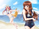  animal_ears beach bikini blush breasts brown_hair day fang fate/extra fate/extra_ccc fate_(series) fervent_idiot fox_ears fox_tail kishinami_hakuno_(female) lens_flare long_hair medium_breasts multiple_girls navel one-piece_swimsuit pink_hair school_swimsuit side-tie_bikini swimsuit tail tamamo_(fate)_(all) tamamo_no_mae_(fate) underboob yellow_eyes 