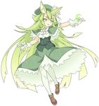  absurdres animal_ears bad_id bad_pixiv_id crescent dress gen'ei_wo_kakeru_taiyou gloves green_eyes green_hair hat highres long_hair open_mouth pantyhose ribbon simple_background solo tsukuyomi_luna very_long_hair white_background white_gloves white_legwear 