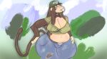  aarin_(redustheriotact) absurd_res anthro belt big_breasts bottomwear breasts brown_body brown_fur brown_hair buckteeth choker cleavage clothed clothing crop_top denim denim_bottomwear denim_clothing dupeliss ear_piercing female fur green_eyes hair hand_on_hip haplorhine hat headgear headwear hi_res jeans jewelry long_hair looking_away mammal midriff monkey navel necklace nipple_outline pants piercing primate shirt simple_background slightly_chubby solo standing sunglasses_on_hat tail teeth text text_on_clothing text_on_shirt text_on_topwear thick_thighs topwear torn_bottomwear torn_clothing torn_jeans torn_pants wide_hips 