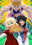  3girls absurdres andou_(girls_und_panzer) bc_freedom_(emblem) bc_freedom_military_uniform black_hair blonde_hair blue_eyes blue_jacket bracelet breasts brown_eyes clenched_hands closed_mouth combined_attack crossed_arms crown dark-skinned_female dark_skin dress dress_shirt drill_hair emblem g_gundam girls_und_panzer gloves glowing glowing_hand glowing_hands green_eyes gundam hair_between_eyes high_collar highres jacket jewelry large_breasts long_hair long_sleeves looking_at_viewer marie_(girls_und_panzer) mecha_pilot_suit medium_hair megi2009 messy_hair military_uniform mobile_trace_suit multicolored_dress multiple_girls open_mouth oshida_(girls_und_panzer) red_dress scene_reference screaming sekiha_love-love_tenkyoken shirt shoulder_boards sleeveless smile vest white_gloves white_shirt 