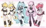  1boy 4girls :3 :d animal_ear_hairband animal_ears apron aqua_eyes aqua_hair aqua_necktie arm_warmers bandaid bandaid_on_arm bandaid_on_breast bandaid_on_knee bandaid_on_leg bib_collar black_arm_warmers black_leg_warmers black_shoes black_shorts black_skirt black_sleeves black_thighhighs blonde_hair blue_eyes blue_nails blush_stickers bow_hairband breasts cat_ear_hairband cat_ears character_name cleavage cleavage_cutout clothing_cutout commentary drill_hair fake_animal_ears fang frilled_apron frilled_hairband frills full_body garter_straps grey_shirt grey_skirt hair_ornament hair_ribbon hairband hairclip hand_on_own_cheek hand_on_own_chest hand_on_own_face hand_on_own_hip hand_up hatsune_miku headset heart_apron highres kagamine_len kagamine_rin kasane_teto kasane_teto_(sv) layered_legwear layered_skirt leg_warmers long_hair looking_at_viewer maid maid_apron megurine_luka multiple_girls musical_note musical_note_hair_ornament necktie open_mouth outstretched_arm parallel_hairclips pink_background pink_hair polka_dot polka_dot_background ponytail red_hair red_nails reetjell ribbon shirt shoes short_ponytail short_sleeves shorts shoulder_strap skirt smile standing standing_on_one_leg star_(symbol) star_in_eye symbol_in_eye synthesizer_v thigh_strap thighhighs twin_drills twintails two_side_up unconventional_maid untranslatable_commentary v v-shaped_eyebrows very_long_hair vocaloid waist_apron white_background white_hairband white_ribbon white_shoes wing_hair_ornament yellow_nails yellow_necktie yellow_shoes 