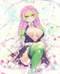 1girl artist_name black_jacket black_skirt braid breasts breasts_apart closed_mouth commentary convenient_leg demon_slayer_uniform falling_petals gradient_hair green_eyes green_hair green_thighhighs heart heart-shaped_pupils jacket jk_arts kanroji_mitsuri kimetsu_no_yaiba large_breasts long_hair looking_at_viewer mole mole_under_eye multicolored_hair open_clothes open_jacket petals pink_hair pink_petals pleated_skirt ribbed_thighhighs skirt solo symbol-shaped_pupils thighhighs twin_braids 
