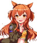 1girl absurdres animal_ears blush bomber_jacket bow breasts brown_ribbon crop_top dog_tags ear_bow ear_ribbon finger_to_own_chin green_jacket highres horse_ears horse_girl jacket long_hair long_sleeves looking_at_viewer mayano_top_gun_(scramble_zone)_(umamusume) mayano_top_gun_(umamusume) midriff navel open_clothes open_jacket open_mouth orange_hair ribbon shirt sinngotti small_breasts smile solo two_side_up umamusume yellow_shirt 