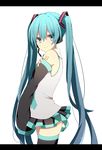  aqua_eyes aqua_hair detached_sleeves harusawa hatsune_miku headset letterboxed long_hair necktie skirt smile solo thighhighs twintails very_long_hair vocaloid white_background 