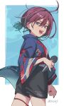  1girl absurdres black_shorts blue_background blue_eyes blue_hair blue_haori border brown_hair earrings girls_band_cry gradient_hair haori highres holding holding_microphone iseri_nina japanese_clothes jewelry kuji_(orca9ji) kuuhaku_to_catharsis looking_at_viewer looking_back low_twintails microphone multicolored_hair open_mouth red_nails red_shirt shirt short_hair short_twintails shorts solo teeth thigh_strap twintails twitter_username upper_teeth_only white_border 