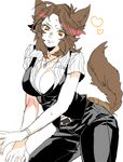  ahoge animal_ears belt belt_pouch blush breasts brown_hair chanko_neru cleavage dog_ears dog_tail heart helena_harper jewelry kemonomimi_mode large_breasts messy_hair necklace open_clothes open_shirt pendant pouch resident_evil resident_evil_6 shirt short_sleeves solo sweatdrop tail vest yellow_eyes 