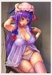  babydoll belly blush breasts chair cleavage crescent fat hat large_breasts long_hair navel open_mouth panties patchouli_knowledge pink_legwear plump purple_eyes purple_hair sitting skindentation solo sweat thighhighs tkln touhou underwear white_panties 