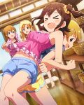  >_< 4girls :d back-to-back blue_shorts breasts brown_hair camisole card_commentary commentary_request fukuda_noriko game_asset hair_ornament hair_scrunchie hairclip idolmaster idolmaster_million_live! idolmaster_million_live!_theater_days indoors kasuga_mirai kousaka_umi multiple_girls navel official_art one_side_up open_mouth pink_camisole scrunchie short_hair shorts smile standing third-party_source yabuki_kana 