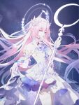  1girl achyue bare_shoulders blue_hair blunt_bangs breasts ceremonial_blade_(honkai:_star_rail) chinese_commentary closed_mouth clothes_lift commentary_request cowboy_shot cyrene_(demiurge)_(honkai:_star_rail) cyrene_(honkai:_star_rail) detached_sleeves dress dress_lift earrings eyelashes fingernails floating_hair flower gradient_hair hair_flower hair_ornament hair_ribbon halo halo_behind_head hands_up heart_ornament highres holding holding_staff holding_weapon honkai:_star_rail honkai_(series) jewelry leaf_hair_ornament lifting_own_clothes long_hair looking_at_viewer medium_breasts mobius_strip multicolored_hair pink_eyes pink_hair planet_earrings pointy_ears purple_dress purple_ribbon ribbon rose short_sleeves sidelocks single_earring sleeveless sleeveless_dress smile solo staff standing star_(sky) starry_sky_background starry_sky_print streaked_hair thigh_strap two-sided_dress two-sided_fabric very_long_hair wavy_hair weapon white_dress white_flower white_hair white_halo white_rose white_sleeves wrist_cuffs 