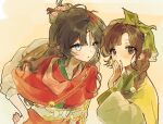  2girls :o black_hair blue_eyes brown_eyes brown_hair chinese_clothes facial_mark forehead_mark green_hanfu green_headscarf hair_bun hand_on_own_hip hand_up hanfu hat_on_back headscarf leaning_forward long_hair looking_at_viewer mayfly_(reverse:1999) miiin multiple_girls paper_heron red_hanfu reverse:1999 upper_body very_long_braid weimao whispering yellow_background 