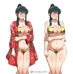  1girl bikini black_hair blush breasts closed_mouth eyepatch_bikini gold_bikini gold_hairband hairband jk_arts large_breasts long_hair micro_bikini multiple_views navel nose_blush ponytail red_eyes red_robe robe sidelocks simple_background spy_x_family swimsuit white_background yor_briar 