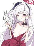  1girl bangle bare_shoulders black_bow black_choker black_hairband blue_archive blush bow bracelet breasts choker clothes_pull commentary_request dress dress_pull earrings eiraku_tee hairband halo highres jewelry long_hair looking_at_viewer mutsuki_(blue_archive) mutsuki_(dress)_(blue_archive) nipples pointy_ears purple_eyes red_ribbon ribbon simple_background sleeveless sleeveless_dress small_breasts solo translation_request very_long_hair white_background white_hair 
