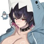  >_< 1girl absurdres alternate_breast_size_(larger) animal_costume animal_hood bangboo_(zenless_zone_zero) black_hair blue_hoodie breasts choker colored_inner_hair ellen_joe highres hood hoodie looking_at_viewer mole mole_under_eye multicolored_hair oekakitune open_clothes open_hoodie red_eyes red_hair shark shark_costume shark_girl shark_hood sharkboo_(zenless_zone_zero) sharp_teeth short_hair spiked_choker spikes teeth two-tone_hair zenless_zone_zero 