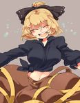  :d blonde_hair blush bow breasts closed_eyes eyebrows eyebrows_visible_through_hair hair_bow happy iroyopon kurodani_yamame large_breasts long_sleeves midriff navel open_mouth shirt short_hair skirt smile solo thick_eyebrows tied_shirt touhou 