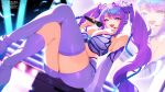  1girl absurdres artist_name asymmetrical_footwear blue_eyes boots breasts butterfly-shaped_eyewear commission crossed_legs detached_sleeves diamond-shaped_pupils diamond_(shape) eyewear_on_head highres holding holding_microphone indie_virtual_youtuber jelly_doughnut_(vtuber) microphone pink_pupils purple_boots purple_hair purple_sleeves single_fishnet_legwear single_thigh_boot symbol-shaped_pupils teeth thigh_boots twintails twitter_username upper_teeth_only vgen_commission virtual_youtuber weiic 