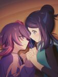  2girls absurdres black_shirt blue_eyes blue_hair blue_hoodie blush bright_pupils cardigan closed_mouth dot_(pokemon) eye_contact from_above from_side hair_bun highres holding_hands hood hoodie interlocked_fingers liko_(pokemon) long_sleeves looking_at_another lying multiple_girls on_side plus_ta pokemon pokemon_(anime) pokemon_horizons purple_cardigan purple_eyes purple_hair shirt short_hair sidelocks single_hair_bun smile white_pupils yuri 