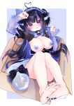  1girl ahoge animal_ear_fluff animal_ears black_hair blue_eyes blue_nipples bone_tail bow breasts cat_ears cat_girl colored_nipples feet freckles heart heart_ahoge highres indie_virtual_youtuber large_breasts legs long_hair looking_at_viewer maid_headdress multicolored_hair nekrolina purple_hair see-through_clothes see-through_sleeves see-through_tail streaked_hair sweat tail tail_bow tail_ornament tongue virtual_youtuber 