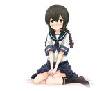  abe_kanari black_eyes black_hair black_legwear blush bow braid hair_bow isonami_(kantai_collection) kantai_collection long_hair looking_at_viewer school_uniform serafuku short_sleeves skirt smile solo twin_braids 