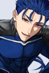  1boy armor black_armor blue_bodysuit blue_hair bodysuit cu_chulainn_(fate) cu_chulainn_(lancer)_(fate) earrings fate/stay_night fate_(series) grey_background highres jewelry male_focus muscular muscular_male open_mouth portrait red_eyes simple_background sneer spiked_hair tuna_sss15 upper_body 