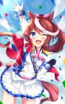  1girl absurdres animal_ears arm_up ascot asymmetrical_gloves black_gloves blue_eyes blush breasts brown_hair buttons cape commentary_request confetti double-breasted ear_ribbon epaulettes gloves hair_between_eyes highres horse_ears horse_girl horse_tail jacket long_hair long_sleeves looking_at_viewer mismatched_gloves multicolored_hair multicolored_jacket one_eye_closed open_mouth pink_ascot ponytail red_cape single_epaulette single_hair_streak sinngotti skirt small_breasts smile solo streaked_hair tail teeth tokai_teio_(peak_joy)_(umamusume) tokai_teio_(umamusume) two-tone_hair two-tone_jacket two-tone_skirt umamusume upper_teeth_only white_gloves white_hair white_jacket white_skirt white_streaks 