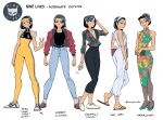  1girl artist_name backless_bodysuit backless_outfit black_bodysuit black_undershirt bluesky_username bodysuit breasts cup denim drawn_whiskers dress drinking_glass earrings hair_bun halterneck headband high_heels highres holding holding_weapon hoop_earrings impossible_bodysuit impossible_clothes jeans jewelry logo multicolored_bodysuit multiple_persona nine_lives_(vashperado) official_alternate_costume official_alternate_hairstyle one_piece original pants reference_sheet short_hair skinny_jeans sleeveless slippers spandex tight_clothes twitter_username two-tone_bodysuit vashperado weapon wine_glass yellow_bodysuit yellow_headband 