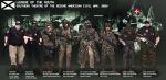  3girls 5boys absurdres ar-15 assault_rifle balaclava beard beret black_vest blonde_hair boots brown_boots brown_hair bulletproof_vest camouflage celtic_cross clenched_hand confederate_flag confederate_states_of_america cross denim facial_hair flag_patch freckles ghillie_suit green_eyes green_pants gun hat hearts_of_iron helmet highres holding holding_gun holding_weapon iaart1 jeans ku_klux_klan m16 mask medium_hair military_uniform mouth_mask multiple_boys multiple_girls night_vision_device official_art pants patch red_hair rifle scope sleeves_rolled_up soldier sunglasses the_fire_rises twintails vest weapon 