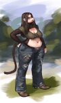  2025 aarin_(redustheriotact) abstract_background anthro belt boots bottomwear breasts brown_body brown_fur brown_hair buckteeth choker cleavage clothed clothing crop_top denim denim_bottomwear denim_clothing ear_piercing female footwear freckled_chest freckled_face freckles fur green_eyes hair hand_on_hip haplorhine hi_res jeans jewelry long_hair mammal medium_breasts midriff monkey navel necklace pants piercing primate redustheriotact shirt shoes slightly_chubby solo standing tail teeth texas text text_on_clothing text_on_shirt text_on_topwear topwear torn_bottomwear torn_clothing torn_jeans torn_pants 