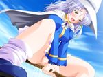  1girl blush female_orgasm game_cg hat long_hair magical_happy no_panties orgasm peeing pussy_juice silver_hair witch_hat yellow_eyes 