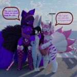  3d_(artwork) anthro arm_grab armwear balls big_breasts bikini bikini_bottom bikini_top birthmark black_body black_fur black_hair blender_(artwork) blue_body blue_fur blush breasts burtrevolution burtrevolution_(burtrevolution) canid canine clothing clover_(plant) clover_leaf deadrevolution_(burtrevolution) dialogue digital_media_(artwork) female fox fur fur_markings genitals grabbing_shoulders group hair heart_(marking) heart_symbol heterochromia hi_res imminent_sex knot lagomorph leaf legwear leporid looking_at_another looking_at_genitalia looking_at_penis looking_down male mammal markings maxie_(maxkore) missing_texture multi_tail penis penis_grab piercing pink_body pink_fur pink_hair plant purple_body purple_fur purple_hair rabbit size_difference speech_bubble swimwear tail text trio two-piece_swimsuit white_body white_fur white_hair 