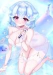  1girl babydoll bao_the_whale blue_hair breasts bubble cetacean_tail cleavage commentary english_commentary fins fish fish_tail fishnet_thighhighs fishnets garter_belt garter_straps heart heart_in_eye highres indie_virtual_youtuber io_07 legs lingerie looking_at_viewer microphone panties pearl_choker pink_eyes short_hair smile solo symbol_in_eye tail thighhighs thighs underwear virtual_youtuber whale_girl white_babydoll white_panties white_thighhighs 