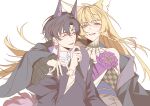  absurdres animal_ear_fluff animal_ears arknights arm_on_another's_shoulder bare_shoulders blonde_hair blue_sash braid chinese_commentary closed_eyes commentary_request febblack floating_hair flower fox_ears fox_girl hand_up highres husband_and_wife japanese_clothes long_hair looking_at_viewer multicolored_hair obi official_alternate_costume purple_flower sash scar scar_on_cheek scar_on_face smile streaked_hair suzuran's_father_(arknights) vulpisfoglia_(arknights) vulpisfoglia_(out_of_focus)_(arknights) yellow_eyes 
