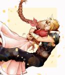  1boy 1girl aerith_gainsborough arm_belt armor arms_around_neck artist_name bandaged_arm bandages belt blonde_hair blue_pants blue_shirt border braid braided_ponytail brown_belt brown_hair closed_eyes cloud_strife commentary_request crying dress falling_petals final_fantasy final_fantasy_vii final_fantasy_vii_remake hair_ribbon happy_tears hetero highres hug jacket long_dress long_hair multiple_belts pants parted_bangs parted_lips pauldrons petals pink_dress pink_ribbon red_jacket ribbon shirt short_hair short_sleeves shoulder_armor single_braid single_pauldron smile spiked_hair suspenders tears white_border yco_030601 yellow_background yellow_petals 