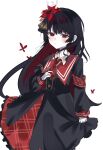  1girl armband black_capelet black_hair black_shirt black_skirt bug butterfly capelet closed_umbrella collared_shirt commentary_request crown flower gloves hair_flower hair_ornament harumaking highres layered_skirt long_hair long_skirt long_sleeves looking_at_viewer mahou_shoujo_no_majo_saiban necktie nikaido_hiro plaid_clothes plaid_skirt red_armband red_butterfly red_eyes red_flower red_necktie red_skirt shirt side_capelet simple_background skirt smile solo umbrella white_background white_gloves white_shirt 