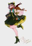  1girl absurdres arknights bag bag_charm black_boots black_dress boots breasts charm_(object) checkered_clothes checkered_scarf chinese_commentary commentary_request dated deepcolor_(arknights) dress full_body glasses green_nails grey_background high_heel_boots high_heels highres holding holding_sketchbook jacket lokiria long_sleeves looking_at_viewer nail_polish open_clothes open_jacket red-framed_eyewear red_scarf scarf short_hair signature sketchbook solo standing standing_on_one_leg white_jacket 