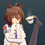  1girl agnes_tachyon_(tach-nology)_(umamusume) agnes_tachyon_(umamusume) ahoge animal_ears artist_name black_pantyhose brown_hair chemical_structure commentary coolchou_zhao crossed_arms cup earrings english_commentary feet_up hair_between_eyes hand_on_own_chin holding holding_cup holding_with_feet horse_ears jewelry lab_coat medium_hair meme no_shoes pantyhose simple_background single_earring sleeves_past_wrists solo teacup thinking thinking_foot_(meme) umamusume upper_body watermark 
