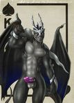  &#9824; abs anthro balls biceps big_penis black_dragon black_skin card dragon erection grey_skin grin horn king_of_spades knot male mickey_the_retriever muscles nude pecs penis playing_card pose presenting purple_penis reptile scales scalie sheath slit smile solo standing toned weapon wings 