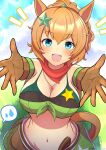  1girl animal_ears armband bandana bandeau bare_shoulders blue_eyes blush breasts brown_gloves brown_hair cleavage colt_single_action_army cowboy_hat gloves green_armband green_bandeau green_skirt gun hair_ornament hat hat_on_back highres holstered horse_ears horse_girl horse_tail houton_tamago hugging_viewer large_breasts long_hair looking_at_viewer midriff navel open_mouth outstretched_arms ponytail reaching reaching_towards_viewer red_bandana revolver sheriff_badge skirt smile solo spoken_sweatdrop star_(symbol) star_hair_ornament sweatdrop taiki_shuttle_(umamusume) taiki_shuttle_(wild_frontier)_(umamusume) tail umamusume weapon 