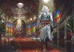  2boys armor assassin assassin's_creed_(series) boots brown_boots carpet cloak commentary concealed_weapon full_armor full_body hammk hidden_blade_(assassin's_creed) highres hood hood_up hooded_cloak indoors knee_boots multiple_boys plant plate_armor potted_plant red_carpet spiral_staircase stained_glass stairs sunlight sword untranslatable_commentary walking weapon white_cloak window 
