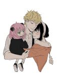  1girl 2girls absurdres adoptive_parent_and_adoptive_child ahoge anya_(spy_x_family) bare_shoulders black_dress black_hair black_shoes blonde_hair blush child closed_eyes dress family green_eyes hair_between_eyes hairband hairpods highres hug husband_and_wife long_hair medium_hair multiple_girls off-shoulder_dress off_shoulder parent_and_child pink_hair red_dress shirt shoes short_hair sidelocks simple_background socks spy_x_family t_riangle twilight_(spy_x_family) updo upper_body white_background white_hairband white_shirt white_socks yor_briar 