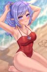  1girl absurdres armpits barefoot beach breasts cleavage eepy_sleepy highres looking_at_viewer ocean one-piece_swimsuit outdoors phase_connect pointy_ears ponytail purple_eyes purple_hair red_one-piece_swimsuit sand sitting smile soles solo su_niii swimsuit tan tanlines thighs toes virtual_youtuber water 