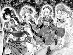  4girls boots braid commentary_request floral_print floral_print_kimono greyscale hair_ornament hat himekawa_nene holding_kinchaku igarashi_masakuni inohana_rikka japanese_clothes kimono kirino_iko long_hair looking_at_viewer mayonaka_heart_tune monochrome multiple_girls obi open_mouth print_kimono sandals sash smile uzuki_shinobu walking yukata 