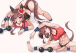  1girl abs absurdres animal_ears ankleband armpits ass bare_shoulders black_buruma blush braid braided_hair_rings breasts brown_hair buruma cleavage closed_mouth collarbone commentary dumbbell ear_covers ear_ornament flexible gentildonna_(umamusume) hair_between_eyes hair_ornament hair_rings hands_on_ground heart-shaped_ornament heart_ear_ornament highres horse_ears horse_girl horse_tail jack-o'_challenge large_breasts long_hair looking_at_viewer mekoneko0478 meme midriff multiple_views navel parted_lips red_eyes red_sports_bra simple_background smile sports_bra spread_legs stretching tail top-down_bottom-up umamusume white_background wide_spread_legs wristband 